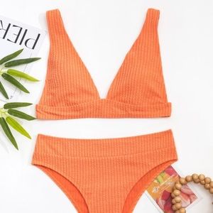 Textured V Neck Bikini Swimsuit